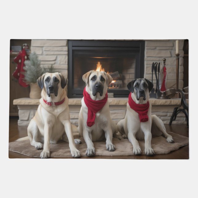 Anatolian Shepherd  by the Fireplace Christmas Doormat (Front)