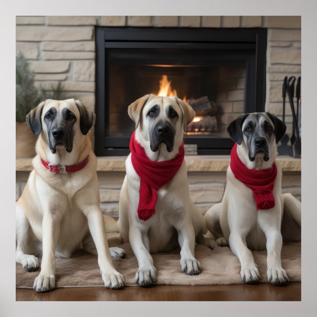 Anatolian Shepherd  by the Fireplace Christmas Poster (Front)