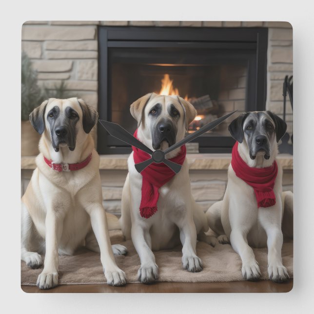 Anatolian Shepherd  by the Fireplace Christmas Square Wall Clock (Front)