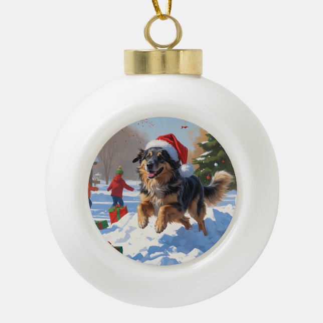 Anatolian Shepherd Christmas Festive Snow Ceramic Ball Christmas Ornament (Front)