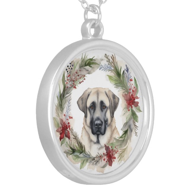 Anatolian Shepherd Christmas Wreath Festive Pup Silver Plated Necklace (Front Left)