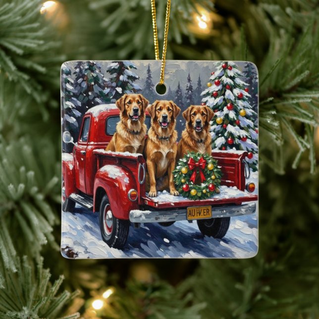 Anatolian Shepherd Dog Christmas Red Truck Holiday Ceramic Ornament (Tree)
