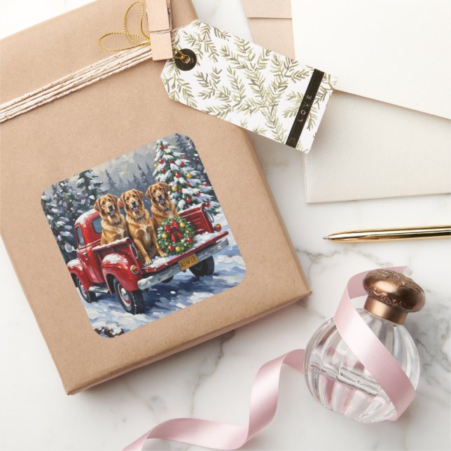Anatolian Shepherd Dog Christmas Red Truck Holiday Square Sticker (Gifting)