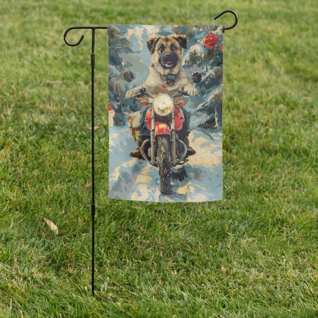 Anatolian Shepherd Dog Riding Motorcycle Christmas Garden Flag (In SItu)