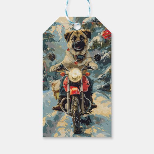Anatolian Shepherd Dog Riding Motorcycle Christmas Gift Tags