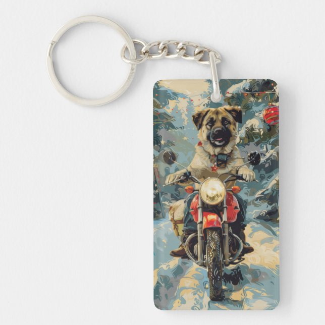 Anatolian Shepherd Dog Riding Motorcycle Christmas Keychain (Front)