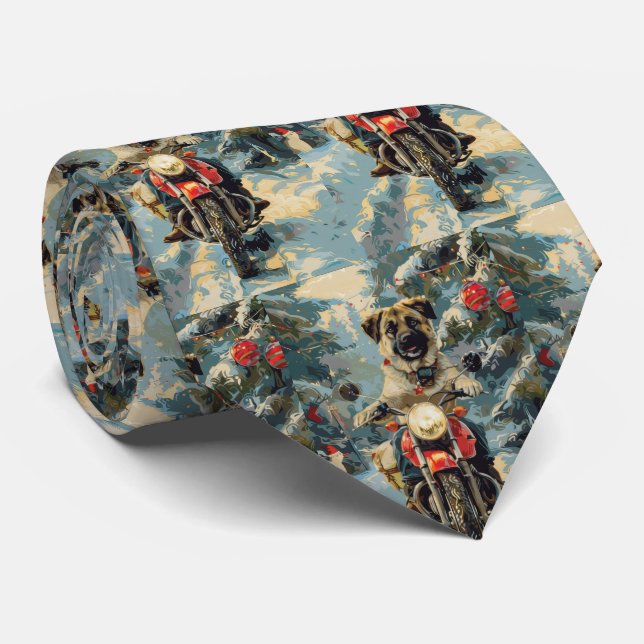 Anatolian Shepherd Dog Riding Motorcycle Christmas Neck Tie (Rolled)