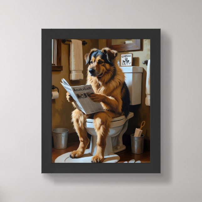 Anatolian Shepherd Dog Sitting On Toilet Funny  Framed Art (Framed Front)