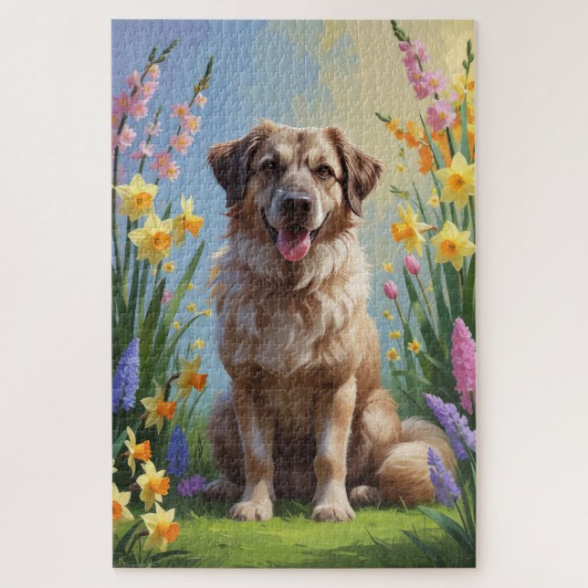 Anatolian Shepherd  Dog Spring Flowers Painting Jigsaw Puzzle (Vertical)
