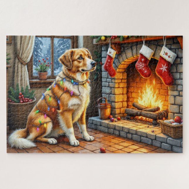 Anatolian Shepherd Fireplace with Christmas Lights Jigsaw Puzzle (Horizontal)