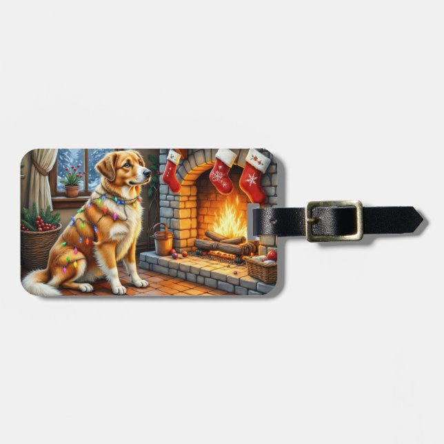 Anatolian Shepherd Fireplace with Christmas Lights Luggage Tag (Front Horizontal)