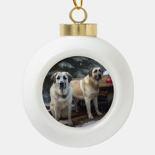 Anatolian Shepherd Snowy Sleigh Christmas Decor Ceramic Ball Christmas Ornament (Front)