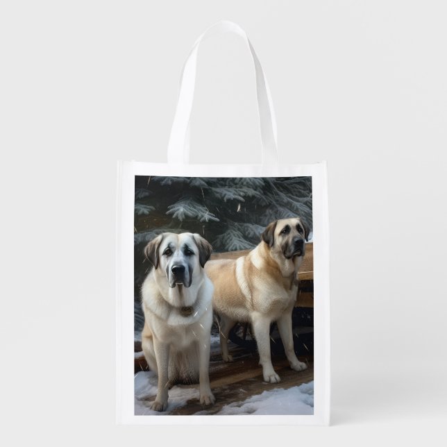 Anatolian Shepherd Snowy Sleigh Christmas Decor Grocery Bag (Front)