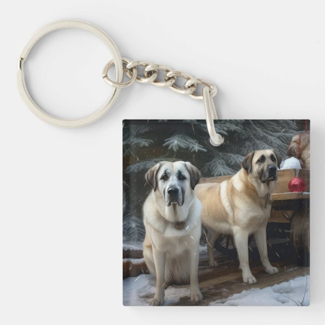 Anatolian Shepherd Snowy Sleigh Christmas Decor Keychain (Front)