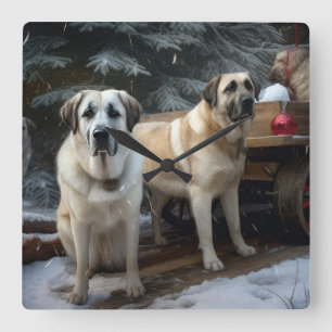 Anatolian Shepherd Snowy Sleigh Christmas Decor Square Wall Clock
