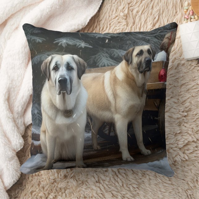 Anatolian Shepherd Snowy Sleigh Christmas Decor Throw Pillow (Blanket)