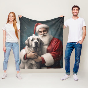 Anatolian Shepherd with Santa Claus Christmas Fleece Blanket