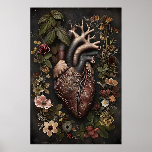 Anatomical Heart And Flowers Print, Dark Academia Poster (Front)