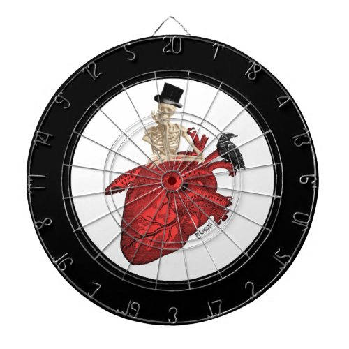 Anatomical heart and gothic skeleton dartboard with darts