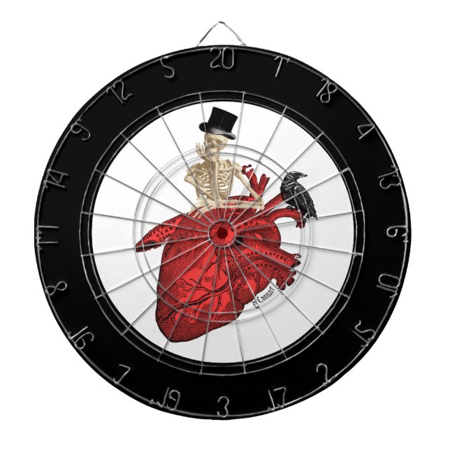 Anatomical heart and gothic skeleton dartboard with darts (Front)