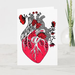 Anatomical Heart Blooming Red Flowers Valentines D Card