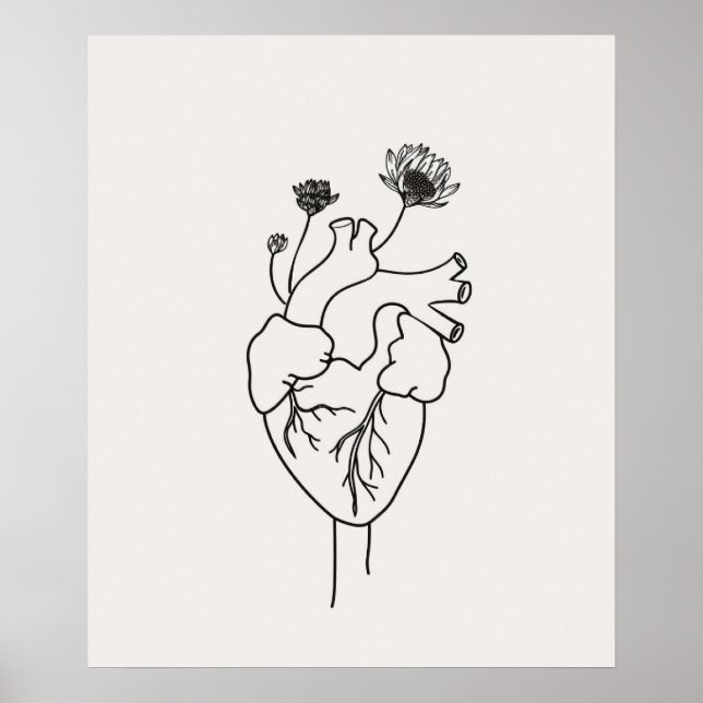 Anatomical Heart flowers black minimalist line art Poster (Front)