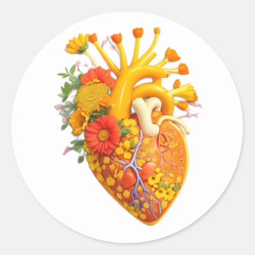 Anatomical heart flowers  classic round sticker