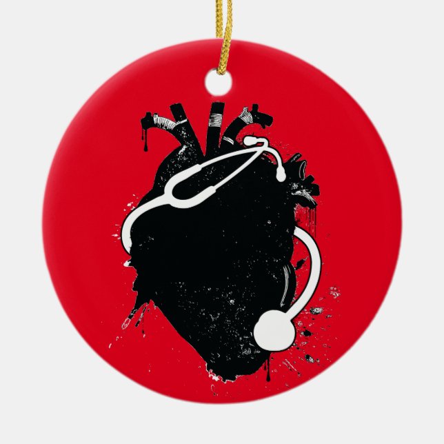 anatomical heart stethoscope ceramic ornament (Front)