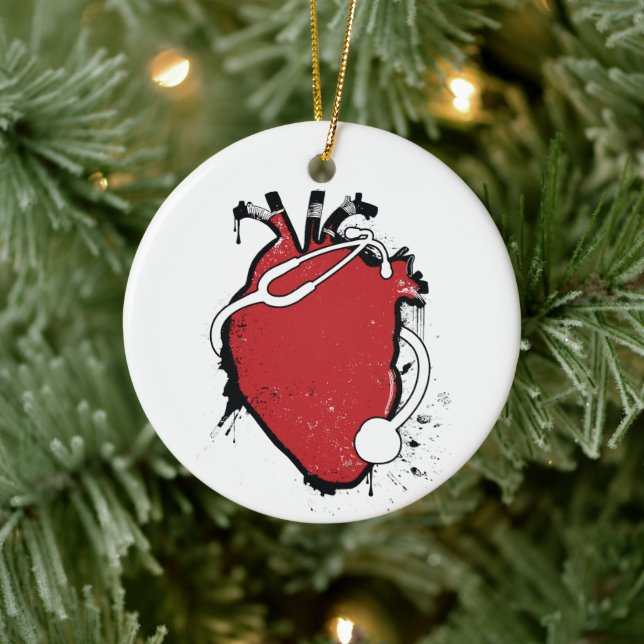anatomical heart stethoscope ceramic ornament (Tree)