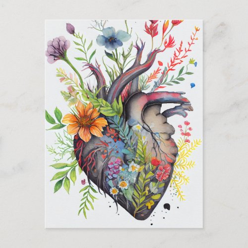 Anatomical heart  watercolor flowers love card  
