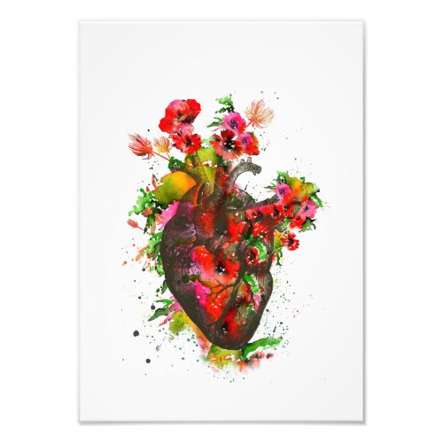 Anatomical heart with flowers floral heart photo print