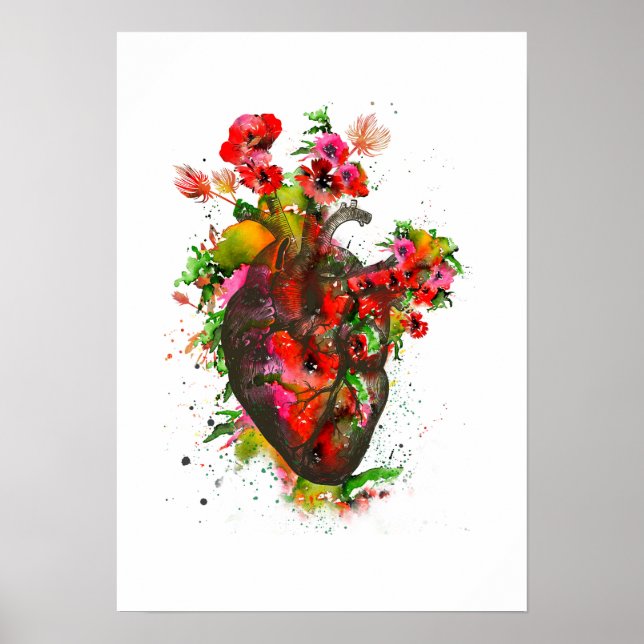 Anatomical heart with flowers, floral heart poster (Front)