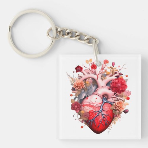 Anatomical heart with flowers  keychain