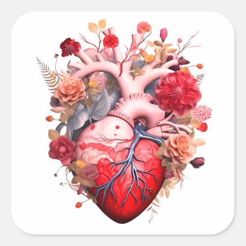 Anatomical heart with flowers  square sticker