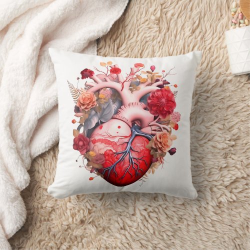 Anatomical heart with flowers  throw pillow