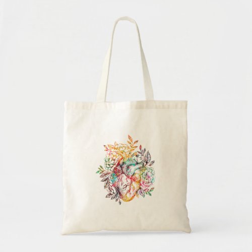 Anatomical heart with flowers tote bag