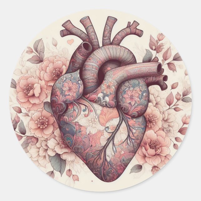Anatomical Love: A Blooming Human Heart Classic Round Sticker (Front)