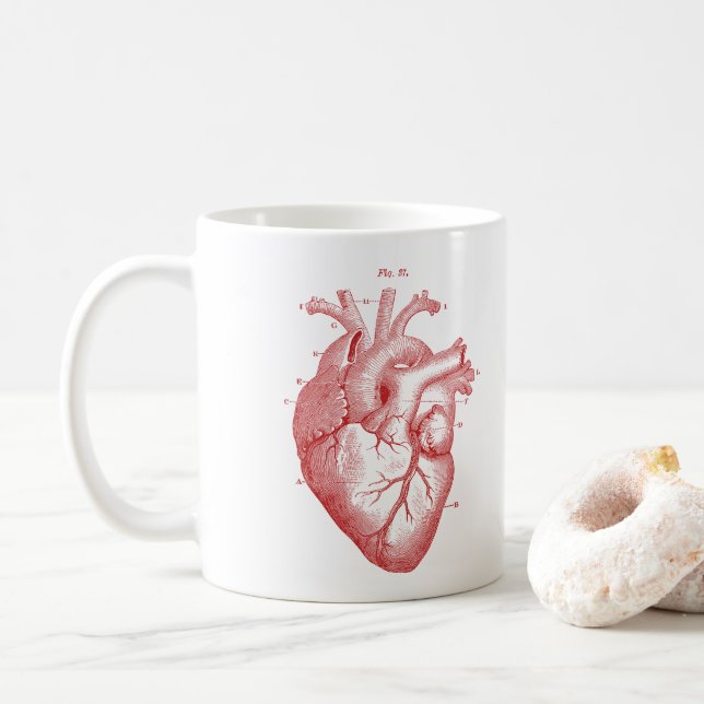 Anatomical Red Heart Vintage Print Coffee Mug (With Donut)