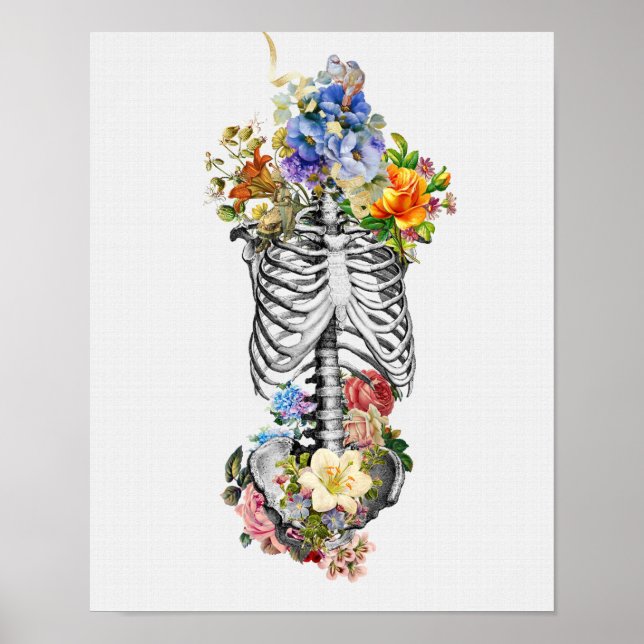 Anatomy Art Print Skeleton Flowers | Medical Wall (Front)