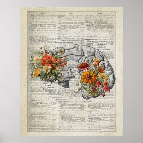 Anatomy Brain Floral Dictionary Art Collage Poster