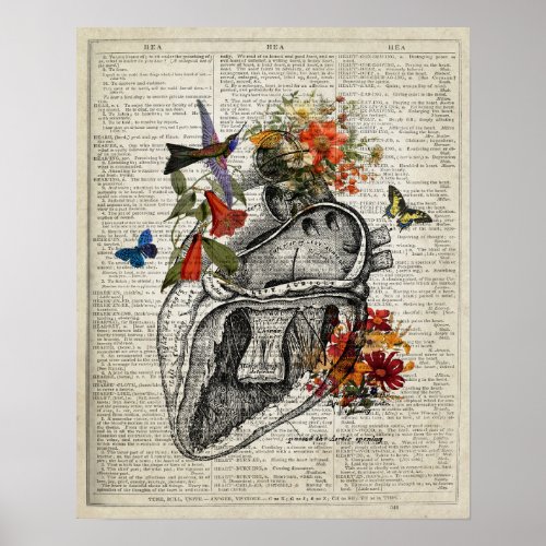 Anatomy Dictionary Art Heart and Flowers Poster
