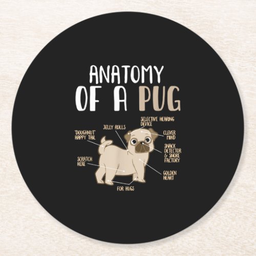 Anatomy Of A Pug Breed Dog Pet Hound Lover Round Paper Coaster