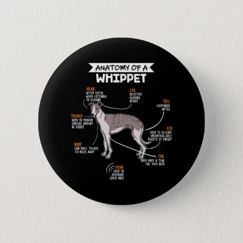 anatomy of a whippet dog funny dog lover gift button