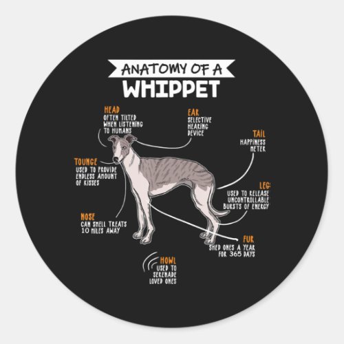 anatomy of a whippet dog funny dog lover gift classic round sticker