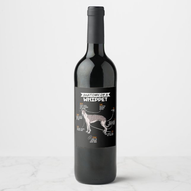 anatomy of a whippet dog funny dog lover gift wine label (Front)