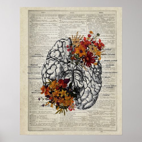 Anatomy Of Human Brain with Flowers Poster