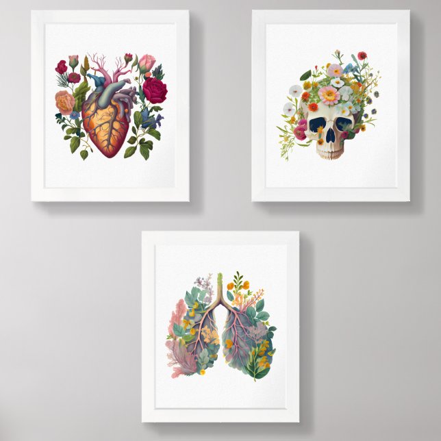 Anatomy skull heart flowers medical human nature wall art sets (Front)