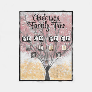 Ancestor Photos Watercolor Red Leaf Family Tree Fleece Blanket