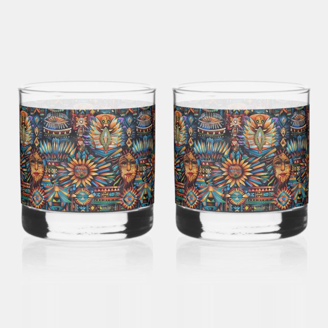 Ancestral Cobalt "Pre-Columbian Tapestry" Rocks Gl Whiskey Glass (Front)