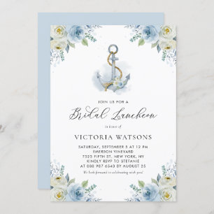 Anchor and Blue Flowers Nautical Bridal Luncheon Invitation